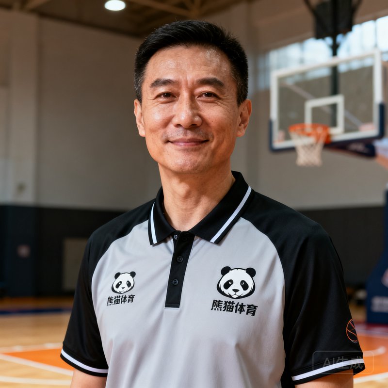 篮球主教练陈志远穿着熊猫体育教练服在训练馆内拍摄的半身肖像，表情自信沉稳，背景可以看到篮球架